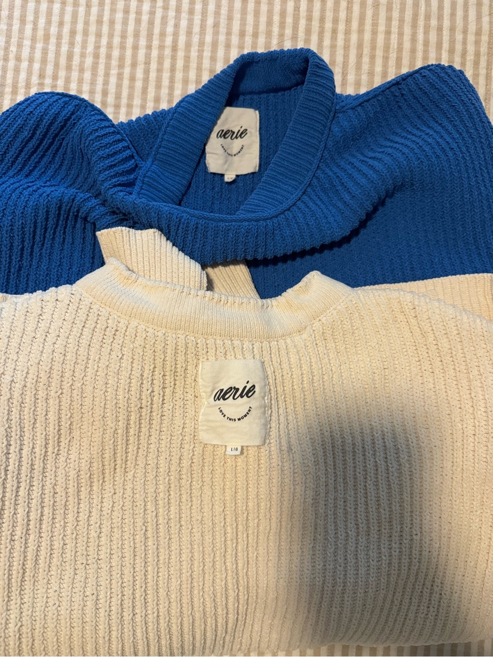 aerie Chunky Knit Crewneck Sweaters — Blue & Cream